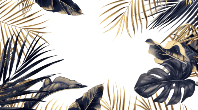 Shiny glossy golden and black tropical palm and monstera leaves on transparent background. Empty space for copy, room for text. Trendy luxury border frame 