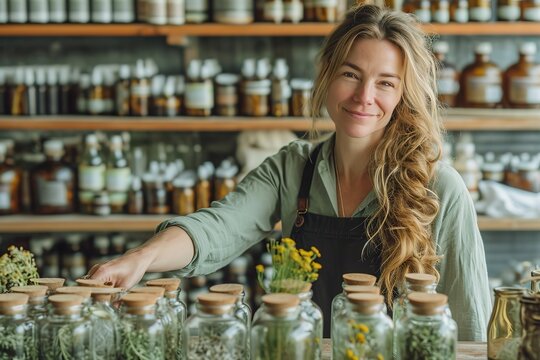 Generate an image of a herbalist formulating custom herbal remedies in a charming herbal apothecary
