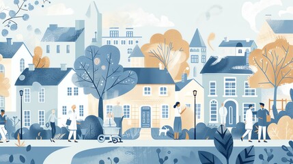 A vector illustration of a street with a row of houses and people walking on the sidewalk. - obrazy, fototapety, plakaty