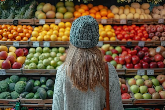 Generate an image of a person shopping for fresh fruits and vegetables at a local market