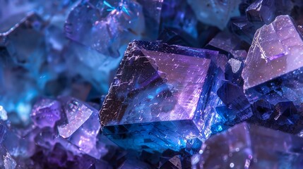 Amazing close-up of blue and purple fluorite crystals, with a beautiful play of light and color. - obrazy, fototapety, plakaty