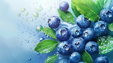Fresh blueberries with water droplets in bright light. Ripe blueberries close-up with fresh green leaves. Juicy blueberries with dew for healthy eating. - obrazy, fototapety, plakaty