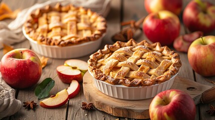 Freshly baked apple pie on a wooden table. The pie has a golden crust. There are apples and spices scattered on the table. The background is blurred. - obrazy, fototapety, plakaty