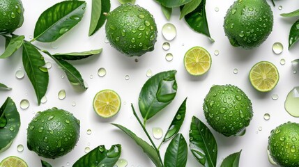 Hydrated lime fruits and leaves top view on white. Fresh green limes with water drops for...