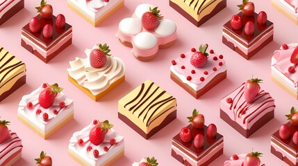 A seamless pattern of isometric cakes and slices with strawberries, raspberries and blueberries....