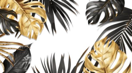 Shiny glossy golden and black tropical palm and monstera leaves on transparent background. Empty space for copy, room for text. Trendy luxury border frame 