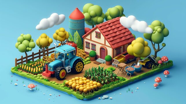 A top view of a cartoon farm with a red barn, blue tractor, and a variety of crops. The farm is surrounded by trees and there are clouds in the sky.