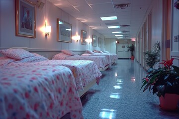 Hospital Ward with Patient Beds View of a hospital ward with neatly arranged patient beds - obrazy, fototapety, plakaty