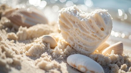 Obraz na płótnie Canvas Exfoliating white skincare scrub in a heart shape on a natural sandy beach background