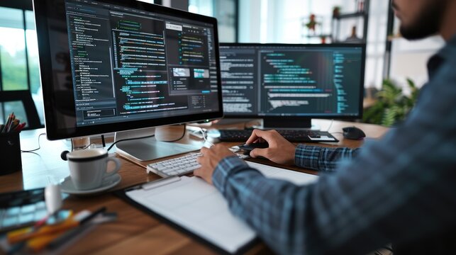 A focused software developer codes on a dual monitor setup in a modern office environment with a minimalist aesthetic. AIG41