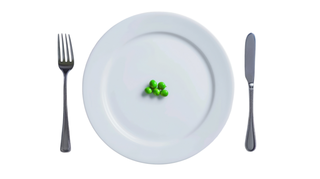 Peas on a plate on transparent. Extreme weight loss diet concept.