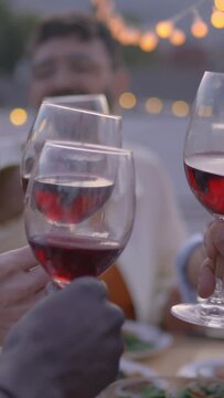 Vertical. Gathering of cheerful young friends toasting with red wine and celebrating party on terrace of house. People together drinking alcoholic beverages outdoor. Boys and girls enjoying free time