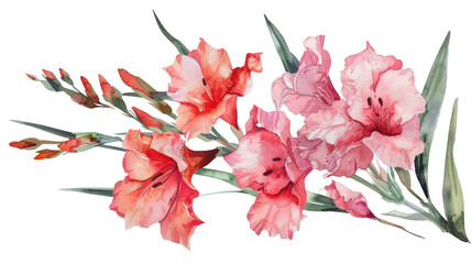 Watercolor gladiolus, set of flowers isolated on transparent background for greeting cards or invitations.