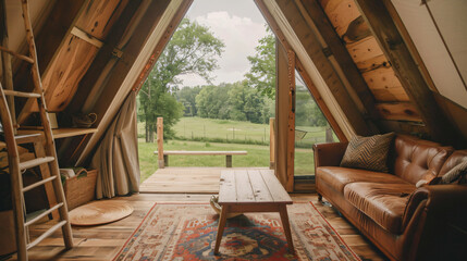 Fototapeta na wymiar A-Frame Glamping: he luxury of A-frame glamping sites, blending the comforts of home with the thrill of outdoor adventure, complete with cozy furnishings, gourmet amenities, and starlit views