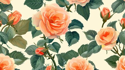 A seamless pattern of orange roses with green leaves on a cream background. - obrazy, fototapety, plakaty