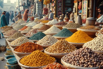 Illustrate a bustling international bazaar with vendors selling spices, textiles, and exotic goods