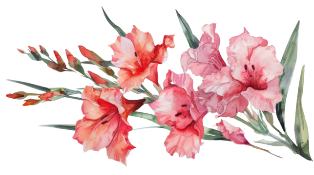 Watercolor gladiolus, set of flowers isolated on transparent background for greeting cards or invitations.