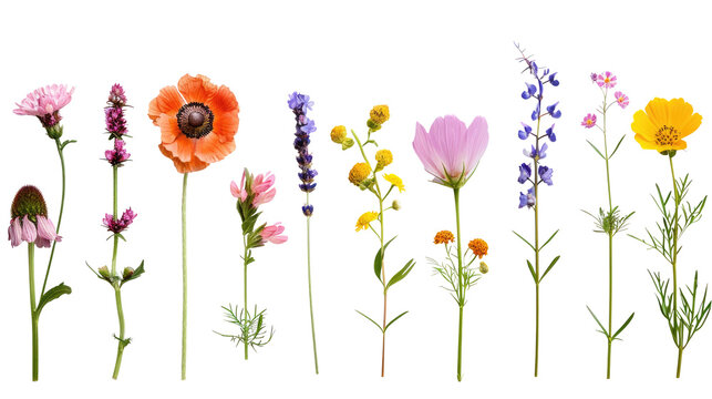 Different flowers of a meadow with grass in a row  isolated on transparent