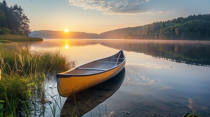 Early morning on a still lake. A yellow canoe sits on the shore, waiting for its owner to return. - obrazy, fototapety, plakaty