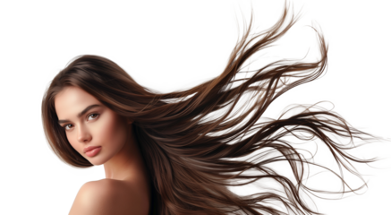 Portrait of a beautiful woman with a long hair. Young brunette model with beautiful hair - isolated on transparent background. Young girl with hair flying in the wind