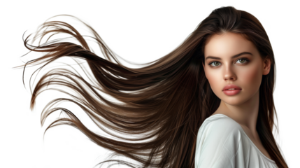 Portrait of a beautiful woman with a long hair. Young  brunette model with  beautiful hair - isolated on transparent background. Young girl with hair flying in the wind