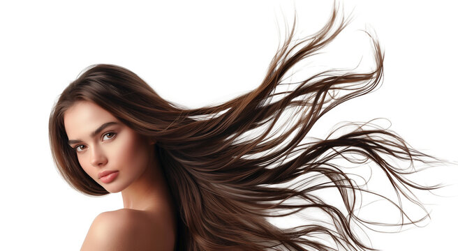 Portrait of a beautiful woman with a long hair. Young  brunette model with  beautiful hair - isolated on transparent background. Young girl with hair flying in the wind