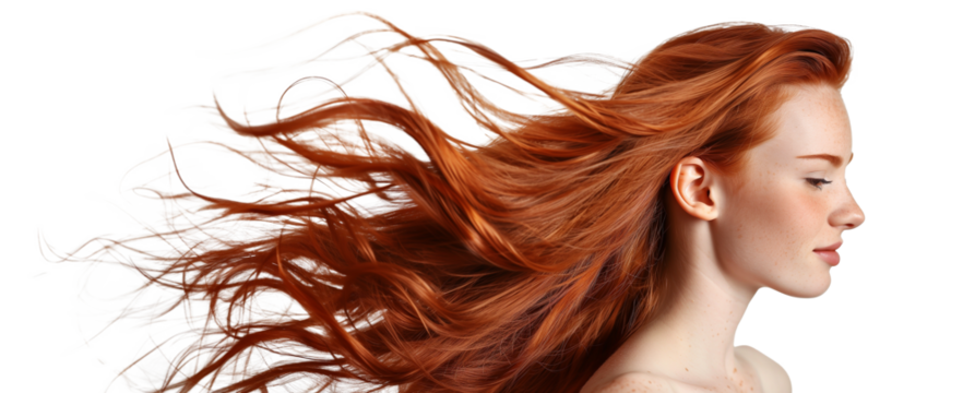 Beautiful Girl with Healthy Red Long Hair on transparent