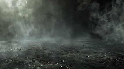 Fading, ghost-like smoke vanishing into a shadowy, eerie background with dim ground lighting - obrazy, fototapety, plakaty