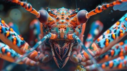 A stunning close-up of a mantis shrimp, showcasing its incredible colors and intricate details. - obrazy, fototapety, plakaty