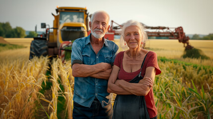 Portrait of happy older couple farmers with his arms crossed and looking at camera in the field with its agricultural machinery in the background