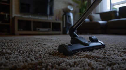 Brown carpet with vacuum cleaner in living room background