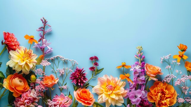 vibrant floral arrangement against a solid blue background. perfect for spring and summer themes, blogs, and social media.