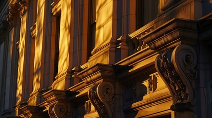 The afternoon sun casts long shadows over the ornate facade of a historic building, revealing the intricate details of its architecture.