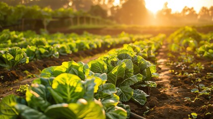 Rows of green cabbages growing in a field, with the sun rising in the background. - obrazy, fototapety, plakaty