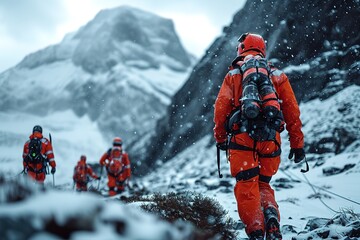 Illustrate a paramedic team conducting a mountain rescue mission, demonstrating mountain medicine skills - obrazy, fototapety, plakaty