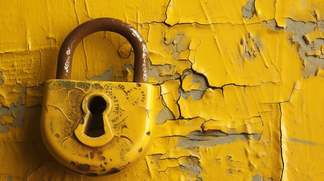 Old yellow rusty padlock on cracked yellow painted metal surface.