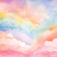 Fluffy delicate cloud shapes with gradient rainbow colors, watercolor background for kids room decor, banner, pastel art illustration Generative AI