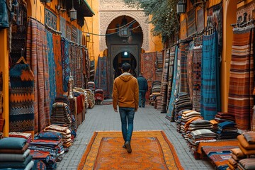 Illustrate a person exploring a bustling street market in Marrakech with vibrant textiles and spices - obrazy, fototapety, plakaty