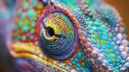 A closeup of a chameleon's eye. The eye is a bright blue color with a yellow pupil.
