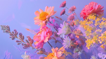An ethereal and vibrant floral arrangement with a variety of flowers in shades of pink, yellow, and purple.