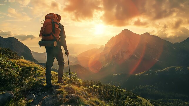 This is a photo of a person standing on a mountaintop, looking out at the view. The person is wearing a backpack and holding a hiking pole.