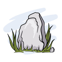 Large stone in the grass. Spring illustration. Vector image.