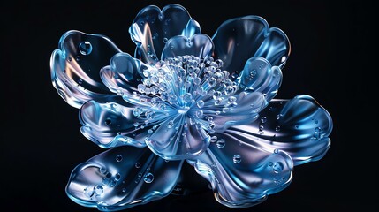 3D rendering of a beautiful blue crystal flower with water droplets on its petals. The flower is isolated on a black background.