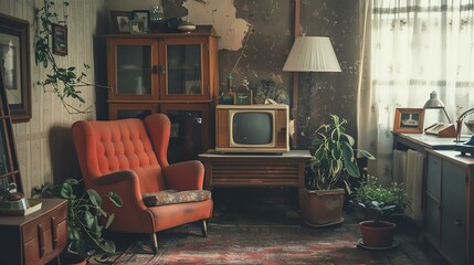A vintage living room with a mid-century modern armchair, a retro television, and a rotary phone.