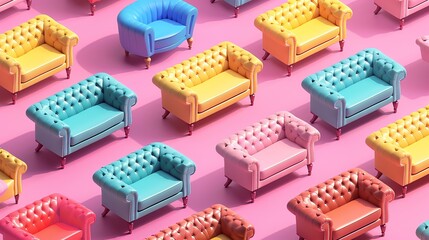 3D rendering of a pink background with a repeating pattern of colorful armchairs. The armchairs are...