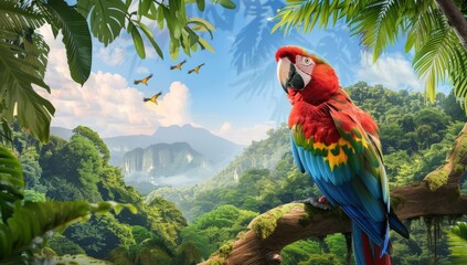 Colorful parrot perched on a tree branch in a lush green jungle landscape depicting the Amazon rainforest accurately with trees and mountains in the background in a horizontal view Generative AI - obrazy, fototapety, plakaty