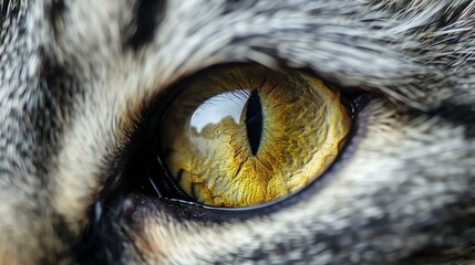 A close-up of a cat's eye. The eye is a beautiful golden color, and the pupil is dilated. The fur around the eye is soft and fluffy. - obrazy, fototapety, plakaty
