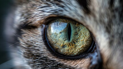 A close-up of a cat's eye. The eye is a beautiful green color with a black pupil. The fur around the eye is soft and fluffy. - obrazy, fototapety, plakaty
