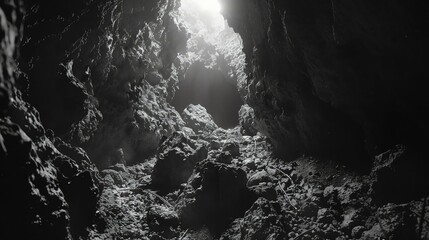 The light at the end of the tunnel. A beautiful black and white image of a cave with a bright light...