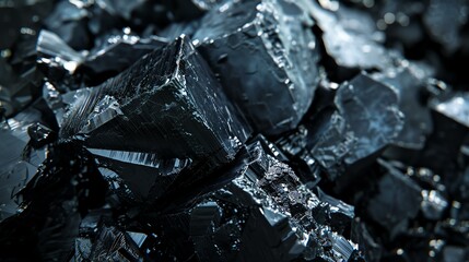 Dark crystals with sharp edges and reflective surfaces. 3D rendering of abstract geometric shapes.